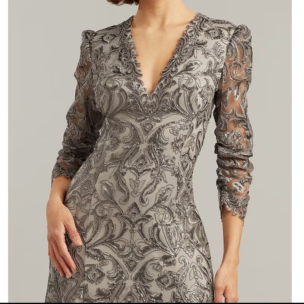 Tadashi Shoji Metallic Sequin Lace 3/4 Sleeve Asymmetrical Handkerchief Gown